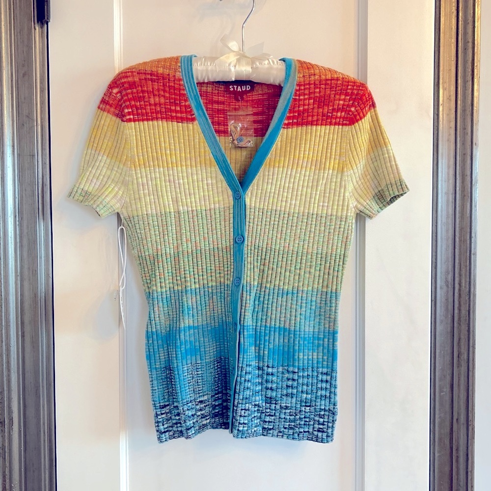 STAUD Short Sleeved Cargo Sweater in Rainbow Multi, Size L, NWT - Picture 4 of 10